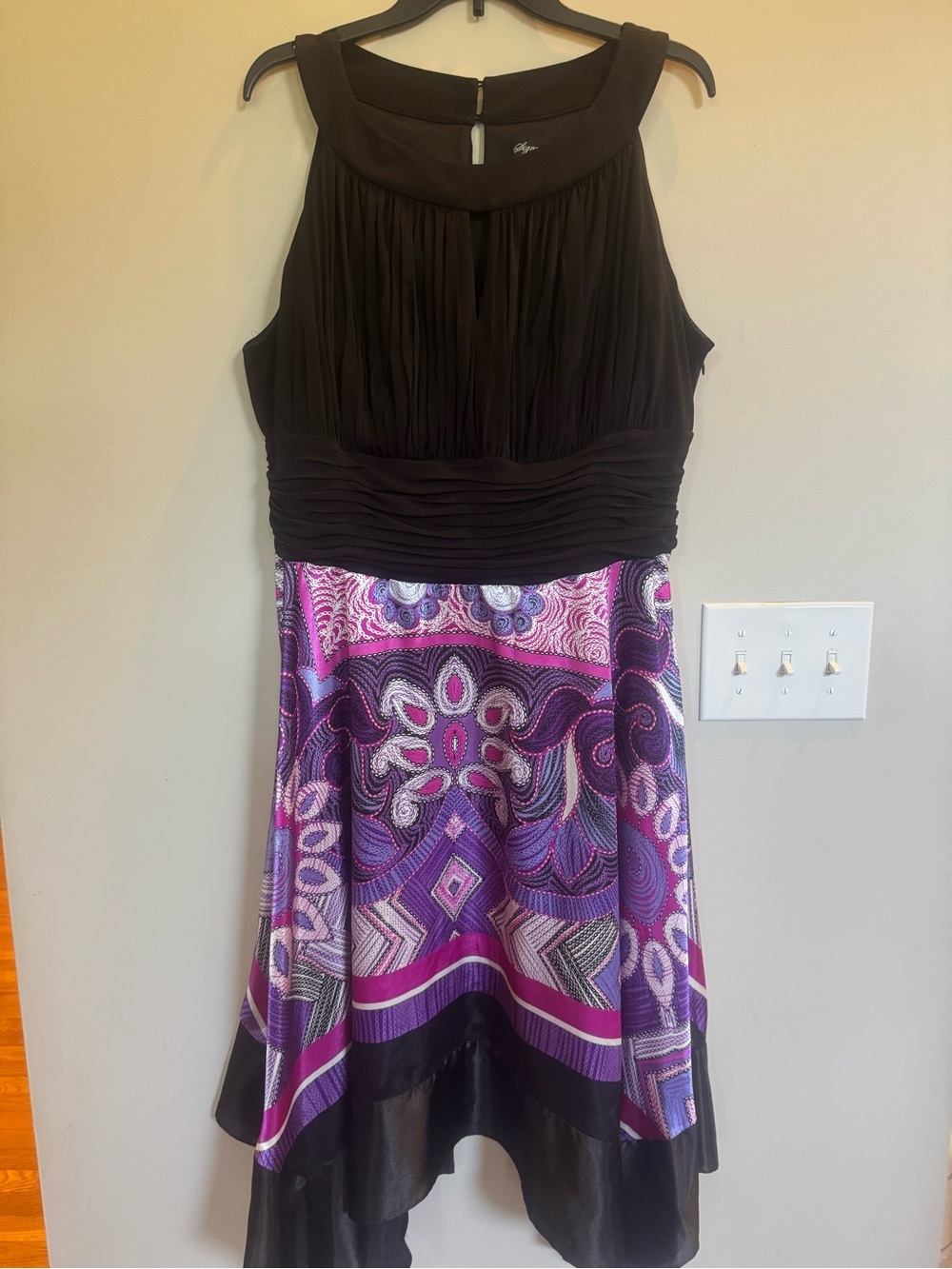 Signature by Sangria Black Bodice with Purple & Pink Printed High-Low Skirt